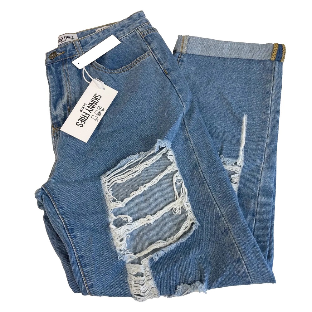 Skinny Fries Denim High Rise Boyfriend Jeans Womens Sz 11 Blue Junior Ripped NEW
